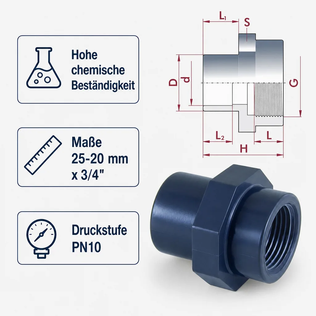 PVC Fitting, Übergangsmuffe PVC-U, 25-20 mm x 3/4"