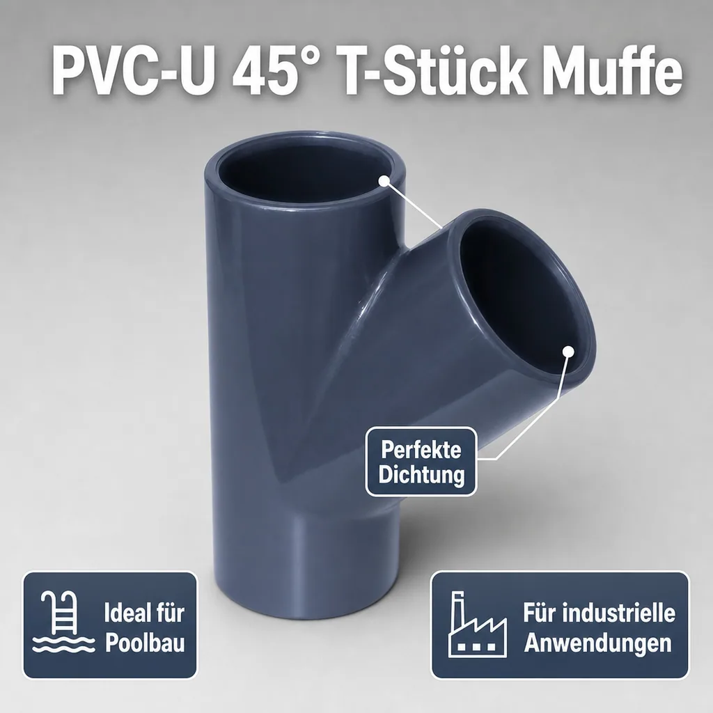 PVC Fittinge, PVC Rohrverbinder, T-Stück Muffe 32 mm PN16, 45 Grad