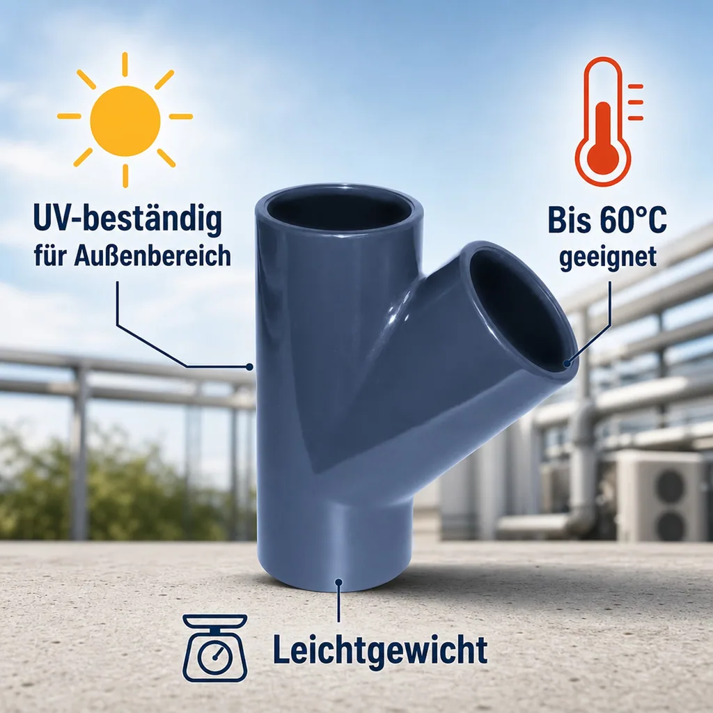PVC Fittinge, PVC Rohrverbinder, T-Stück Muffe 32 mm PN16, 45 Grad