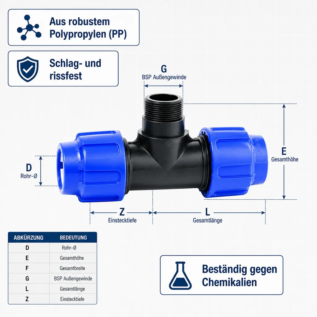 PE Rohr Verschraubung T-Stück 25mm, PP, 3/4 Zoll, Klemmfitting