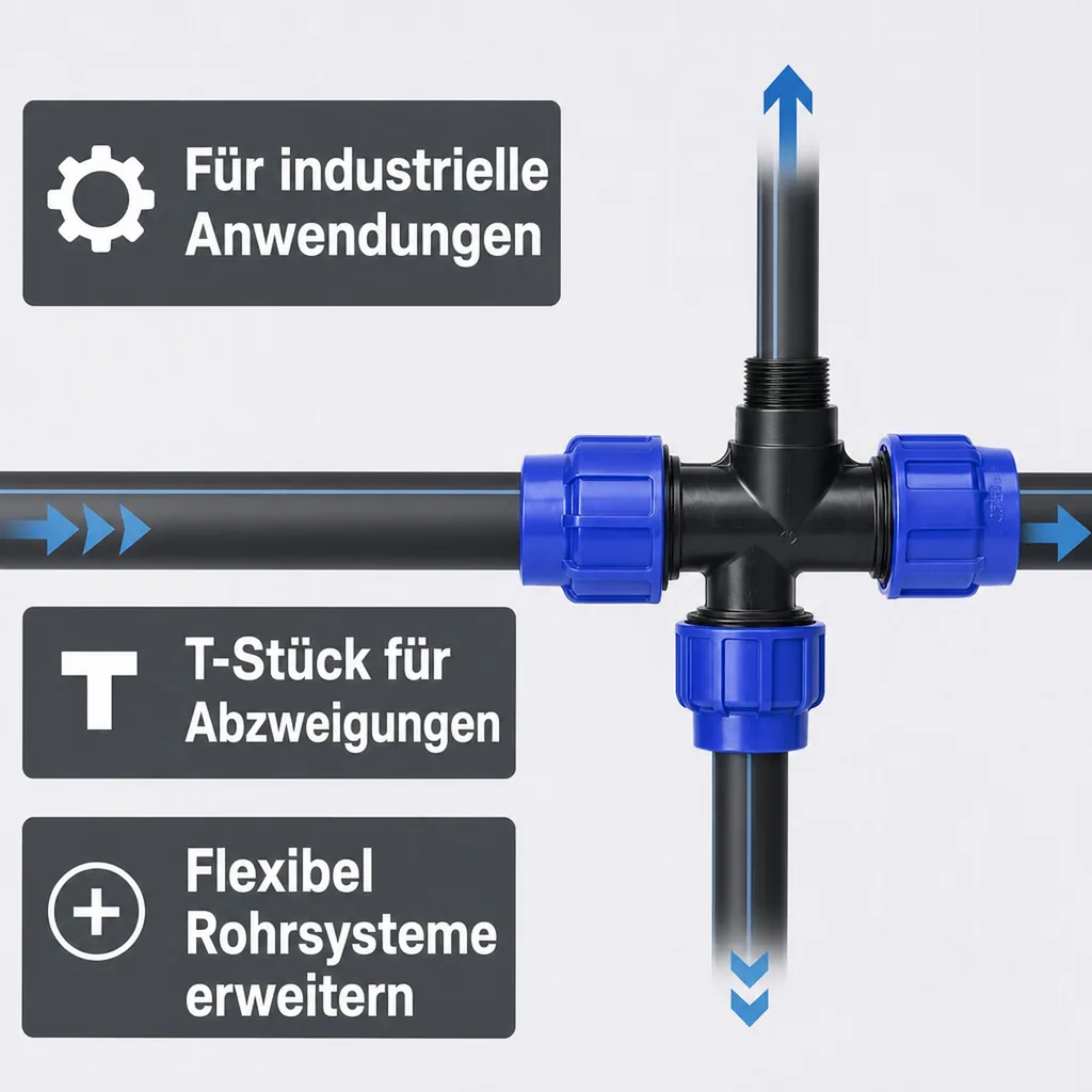 PE Rohr Verschraubung T-Stück 25mm, PP, 3/4 Zoll, Klemmfitting