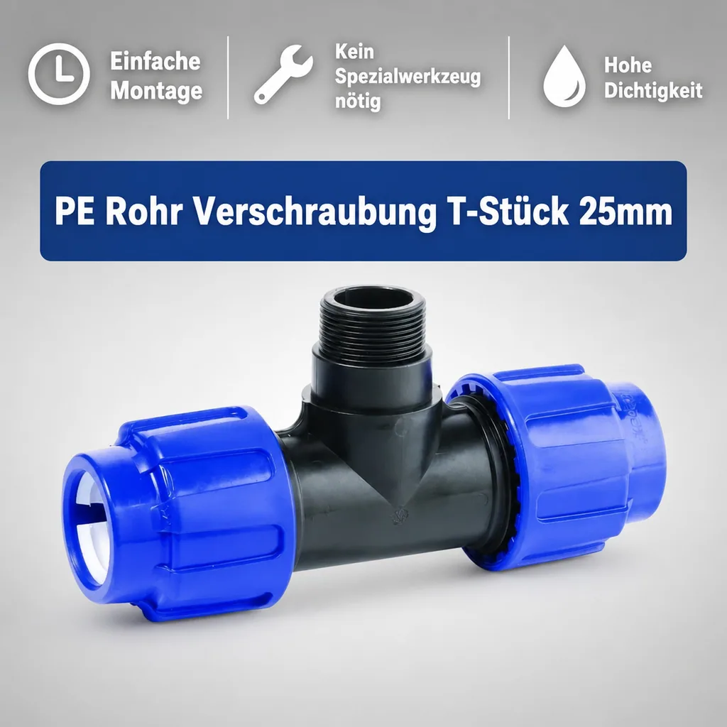 PE Rohr Verschraubung T-Stück 25mm, PP, 3/4 Zoll, Klemmfitting