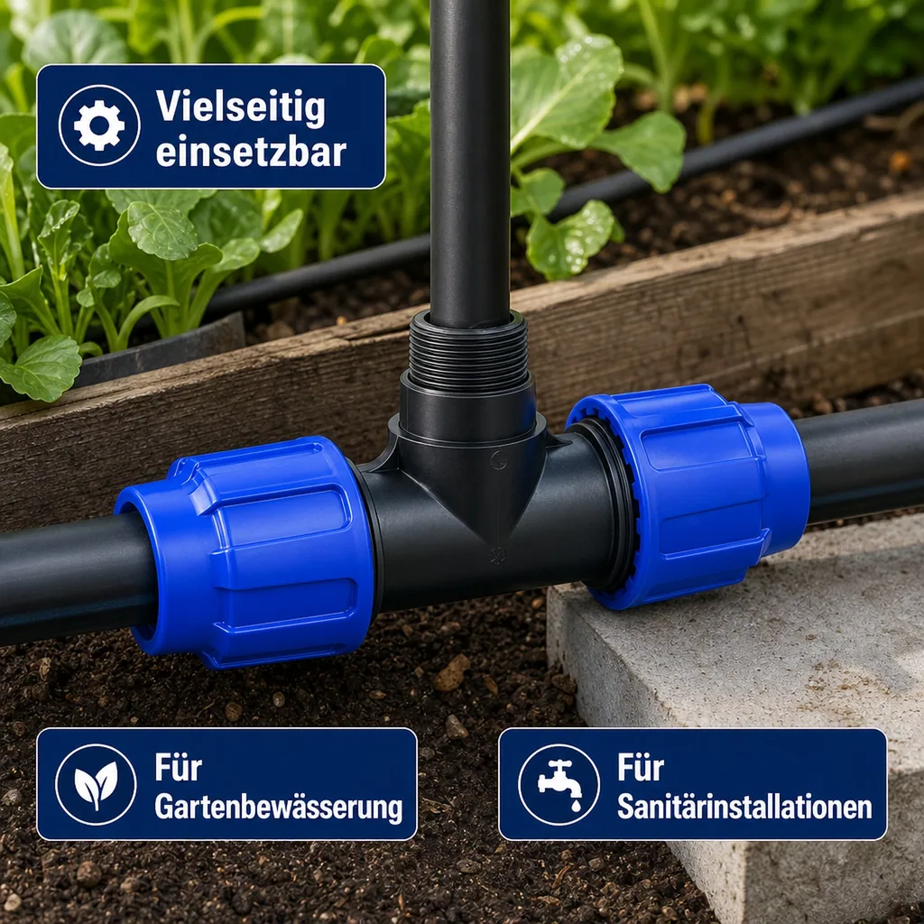 PE Rohr Verschraubung T-Stück 25mm, PP, 3/4 Zoll, Klemmfitting