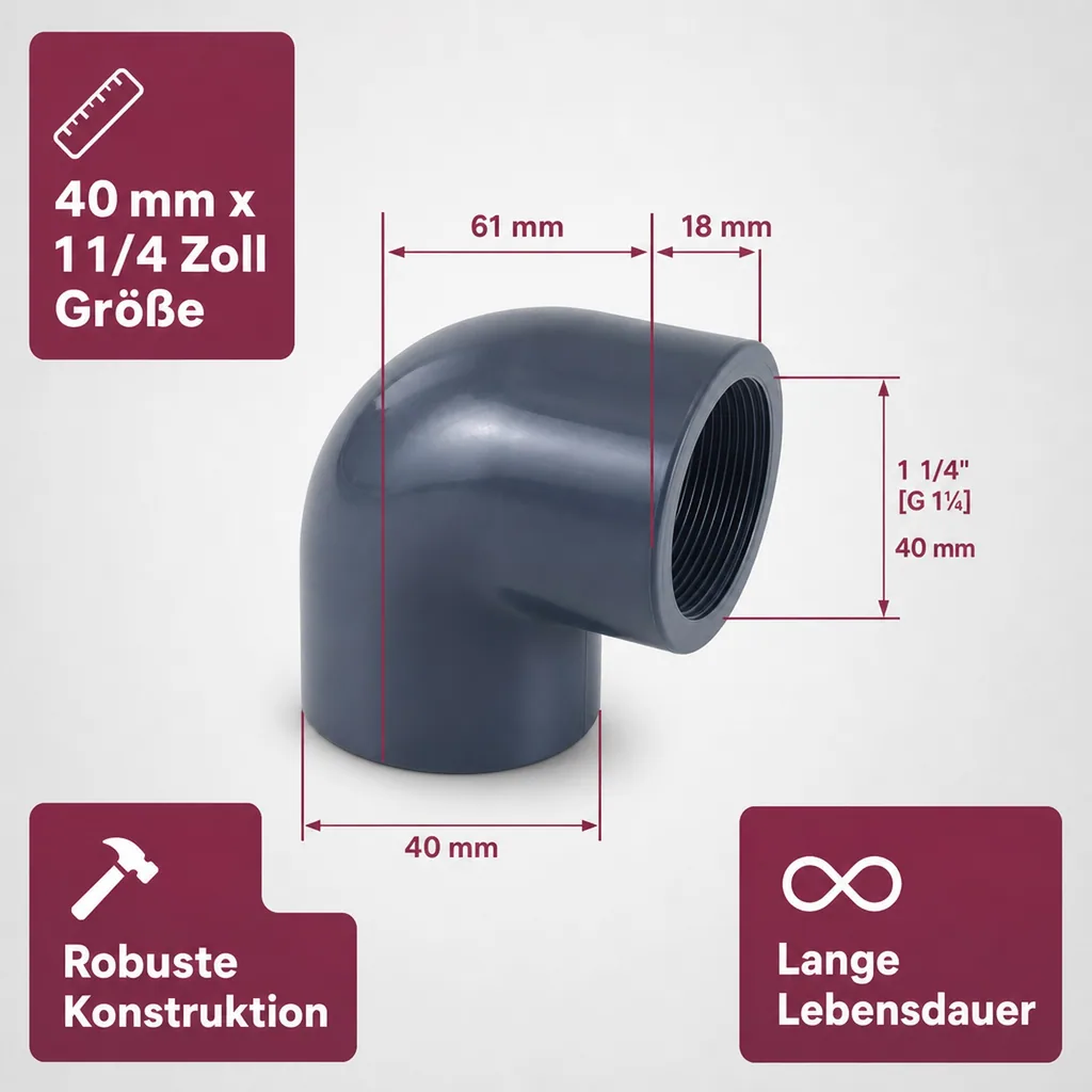 PVC Winkel 90 Grad, PVC Muffe, IG 40 mm, 1 1/4 Zoll, PN10
