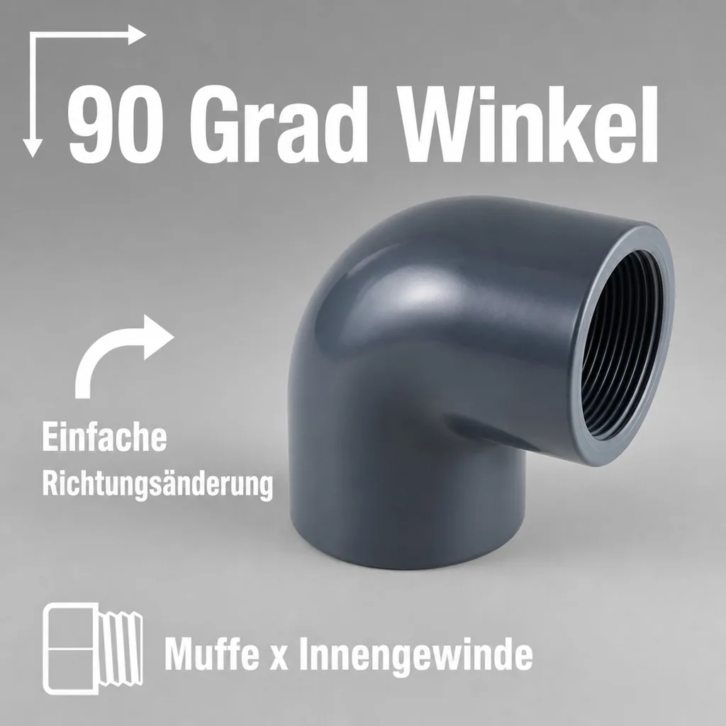 PVC Winkel 90 Grad, PVC Muffe, IG 40 mm, 1 1/4 Zoll, PN10