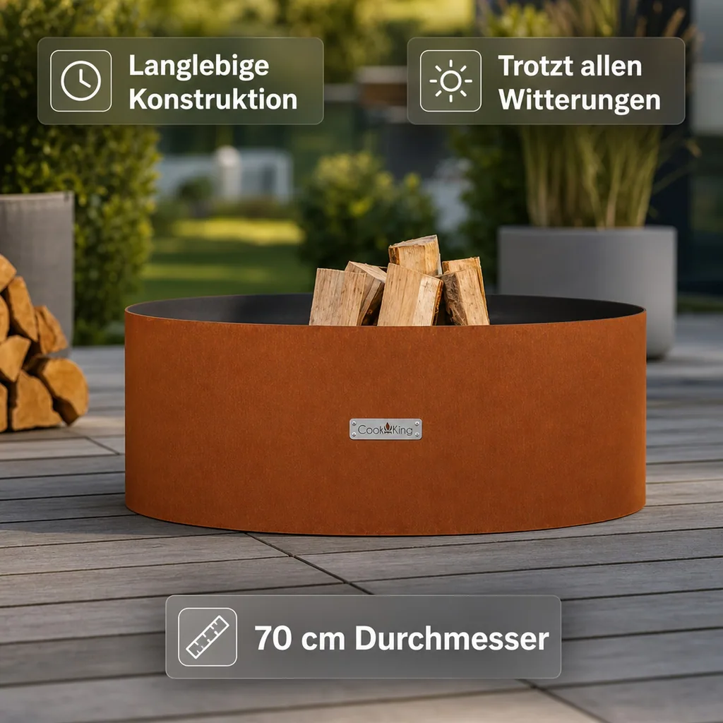 Feuerschale 70 cm, Gartenfeuerschale, Cortenstahl, Feuerstelle Garten