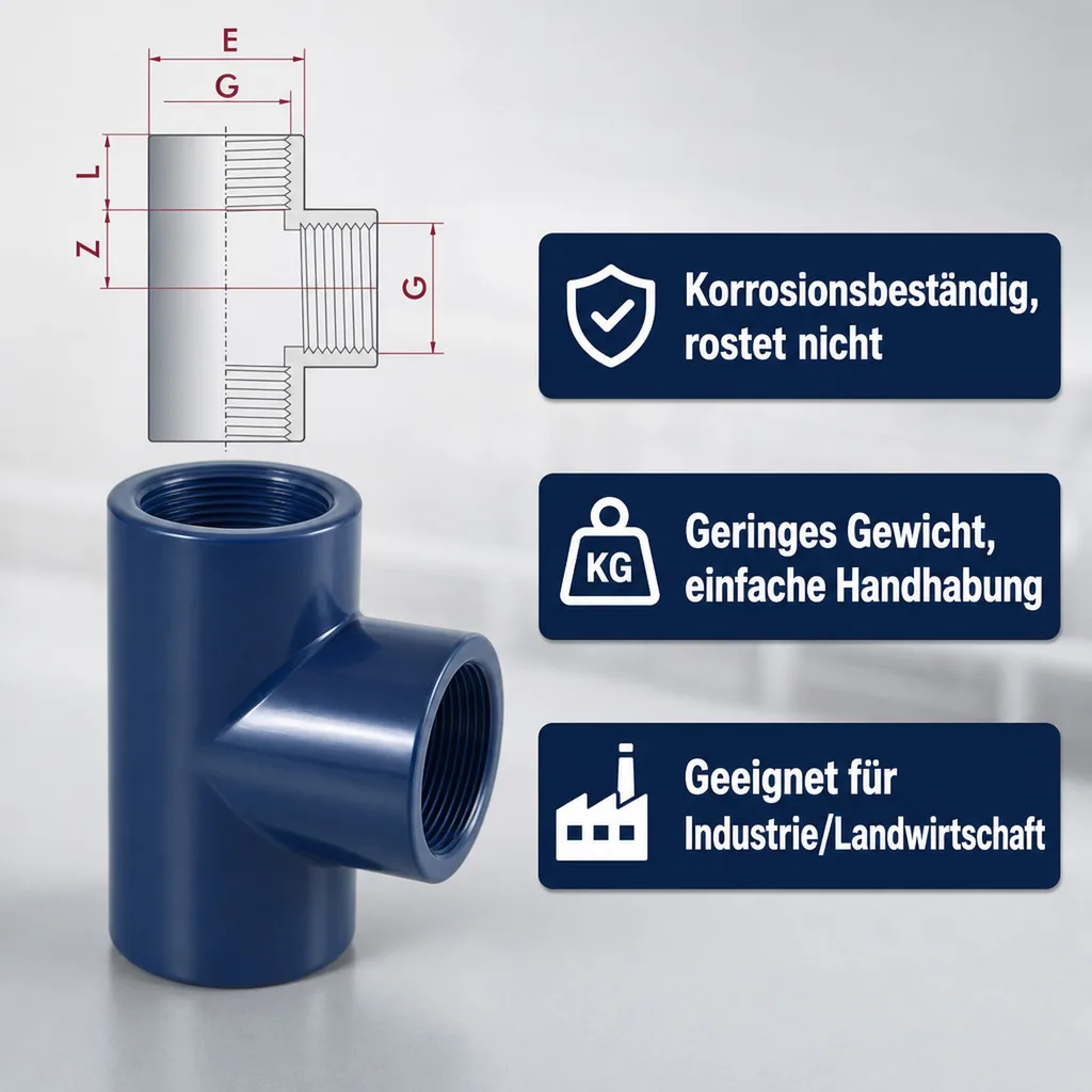 PVC Fitting, T-Stück, 1 1/2 Zoll, PN10, Rohrverbinder