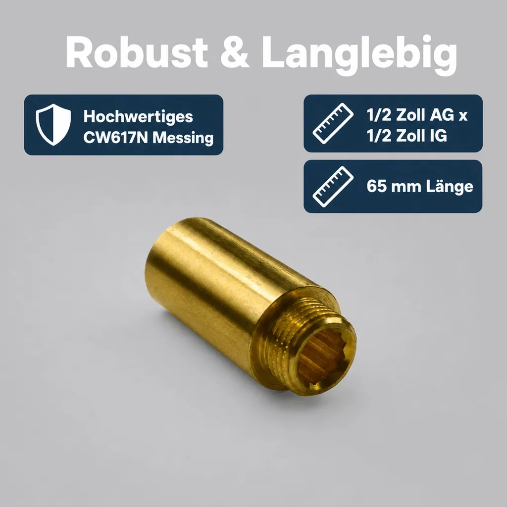 Hahnverlängerung, Messing Gewindefitting, 1/2 Zoll AG x 1/2 Zoll IG, 65 mm