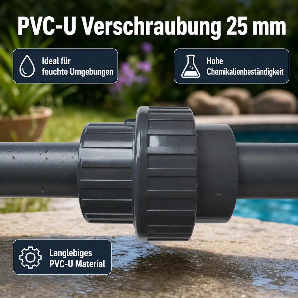 PVC-U Verschraubung, Klebemuffe x Klebemuffe 25 mm, Rohrverschraubung