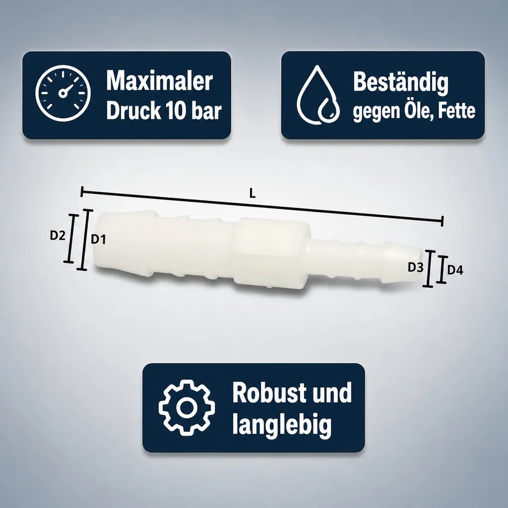 Schlauchverbinder, Kunststoff, reduziert, 8 mm x 4 mm