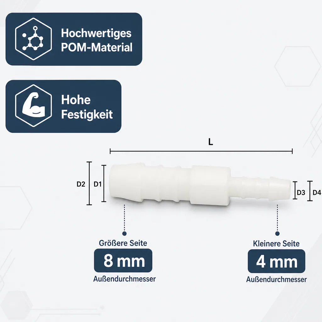 Schlauchverbinder, Kunststoff, reduziert, 8 mm x 4 mm