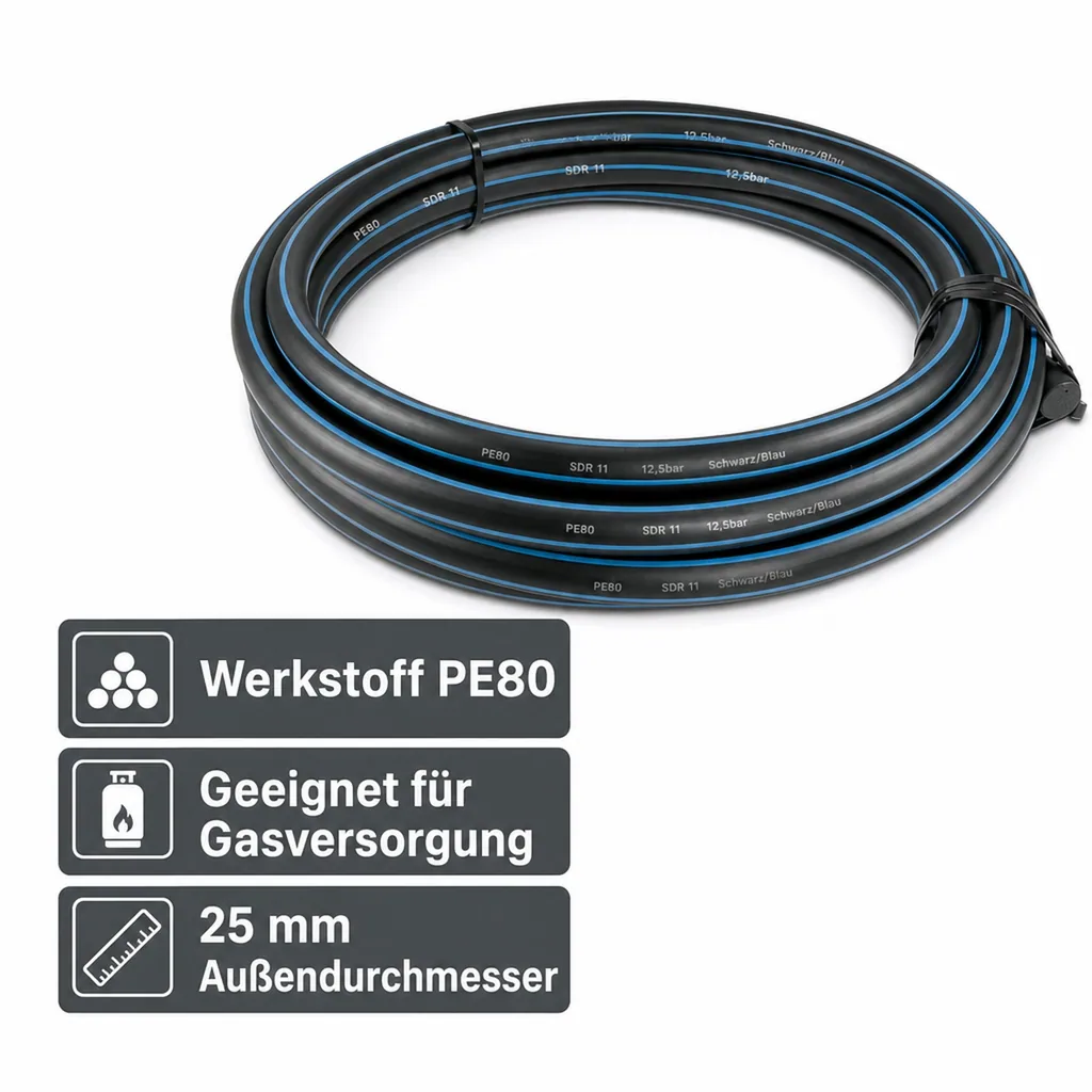 Wasserrohr, Druckrohr PE80 - 25 mm x 2,3 mm, Glatt SDR 11, 12,5bar, Schwarz/Blau 1m, DVGW type D=0,60m
