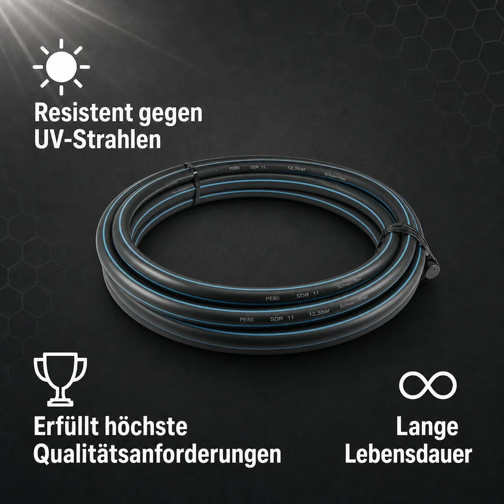 Wasserrohr, Druckrohr PE80 - 25 mm x 2,3 mm, Glatt SDR 11, 12,5bar, Schwarz/Blau 1m, DVGW type D=0,60m