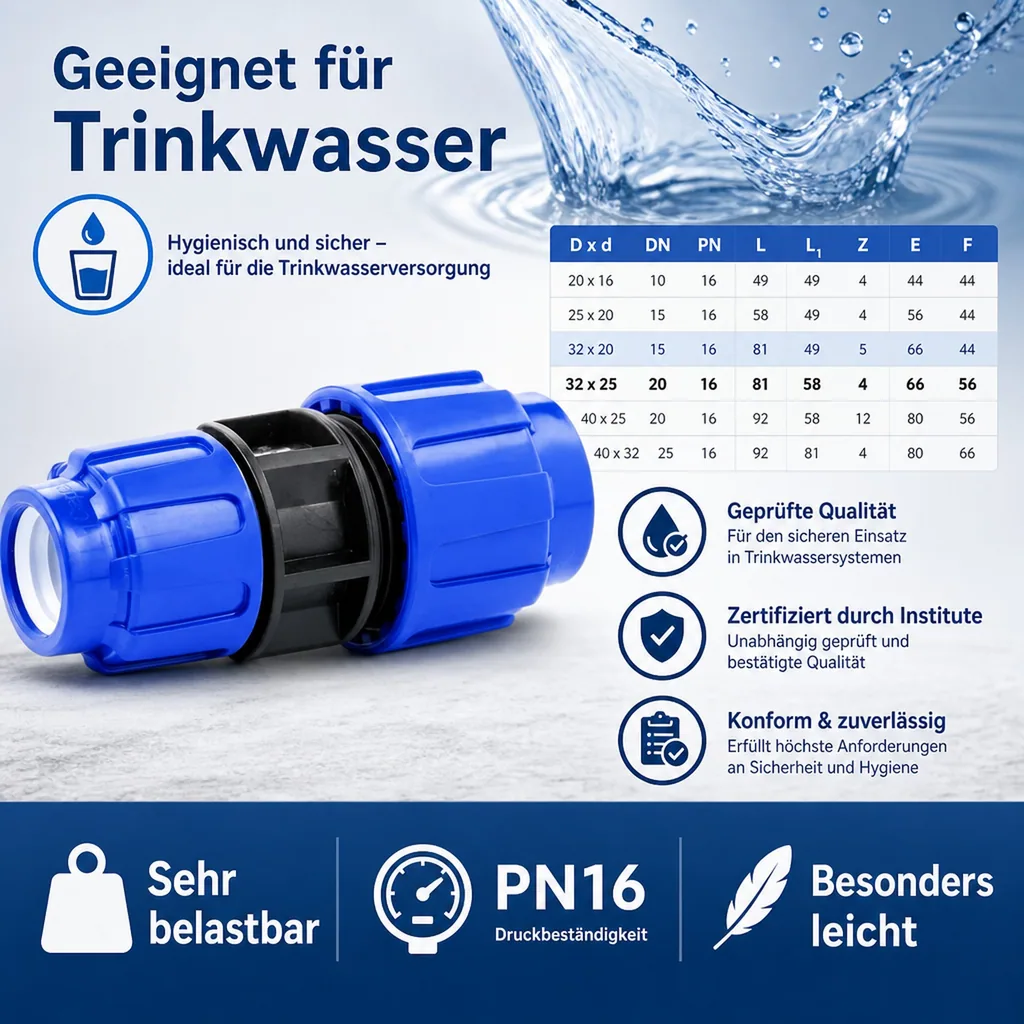 PP PE Rohr Verschraubung Kupplung reduziert 32 x 25