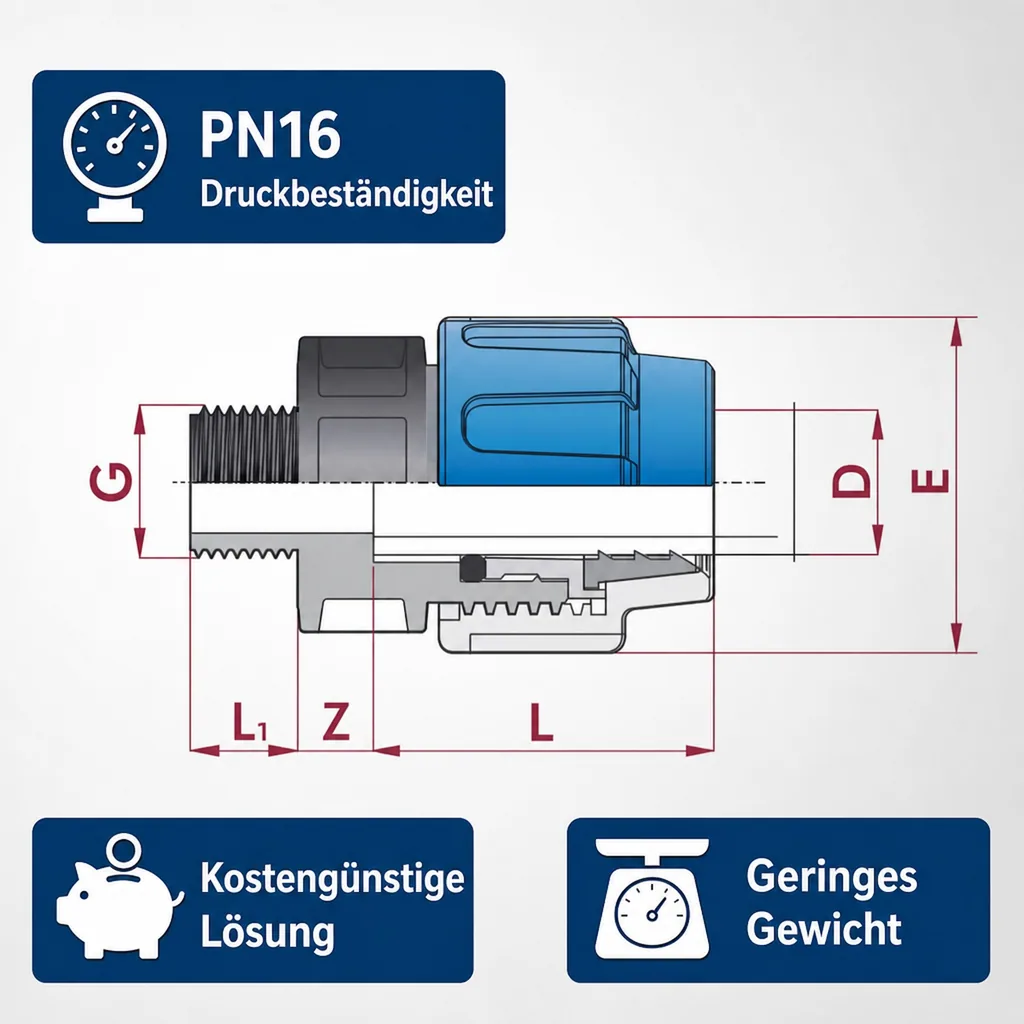 PE Rohr Verschraubung, Kupplung 20mm, 1 Zoll AG, Klemmverschraubung
