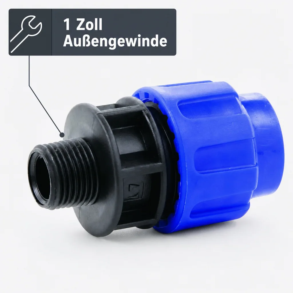 PE Rohr Verschraubung, Kupplung 20mm, 1 Zoll AG, Klemmverschraubung