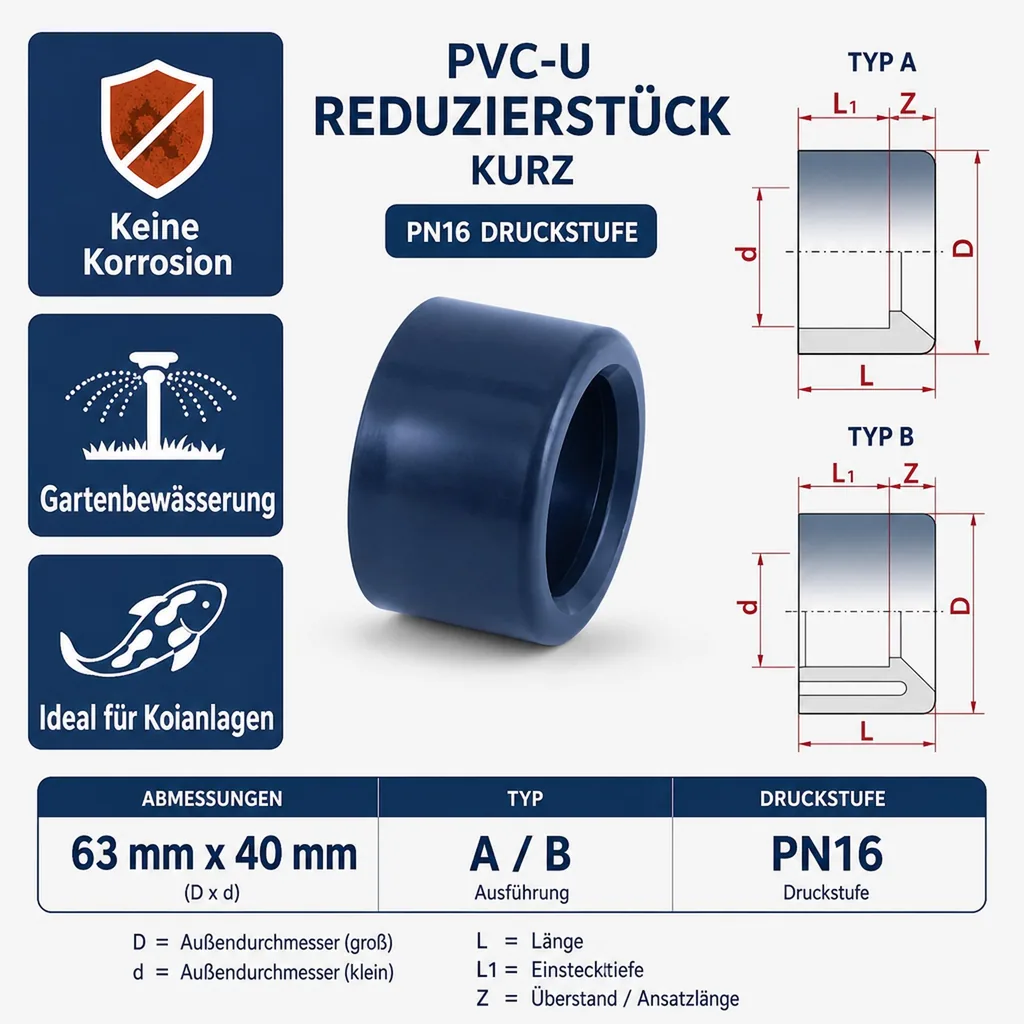 PVC - U Reduktion kurz 63 mm x 40 mm PN16