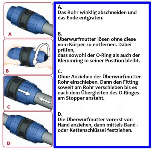 PE Rohr Verschraubung, 90° Winkel, 25 x 1/2 Zoll, Klemmverbinder