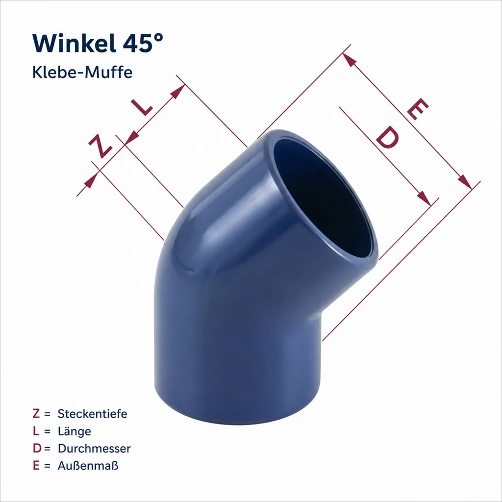 PVC Winkel, 45 Grad, Muffe 25mm, PN16, PVC Fitting