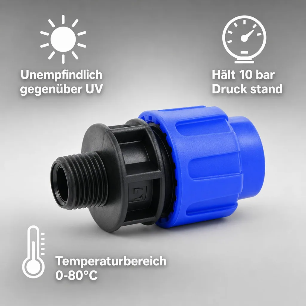 PE Rohr Verschraubung, PE Verschraubung 25mm, 25 x 3/4" AG, Kupplung, Klemmfitting