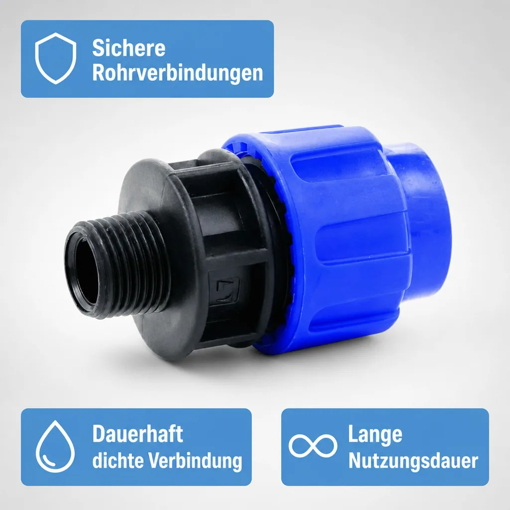 PE Rohr Verschraubung, PE Verschraubung 25mm, 25 x 3/4" AG, Kupplung, Klemmfitting