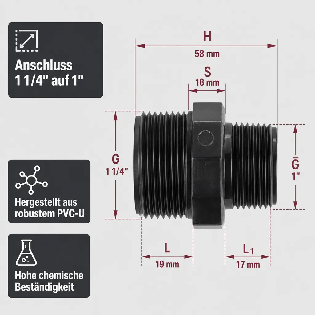 PVC Fittinge, Reduzier Doppelnippel, PVC-U Doppelnippel reduziert AG 1 1/4" x 1"
