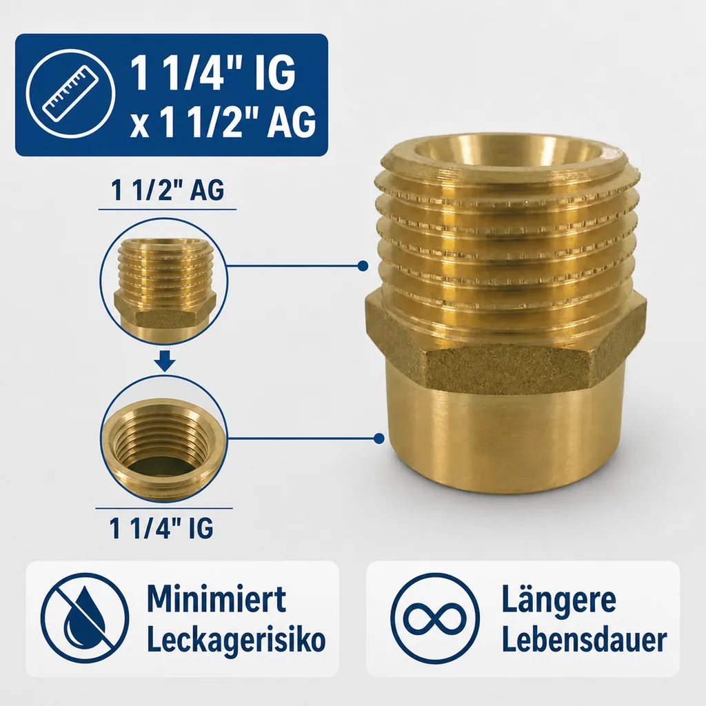 Messing Fitting, Doppelnippel reduziert, 1 1/4 IG x 1 1/2 AG, Gewindefitting