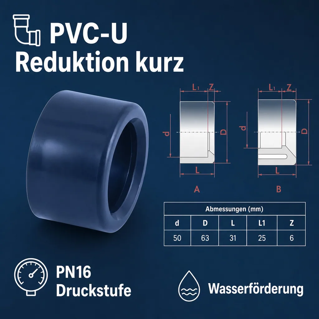 PVC - U Reduktion kurz 63 mm x 50 mm PN16