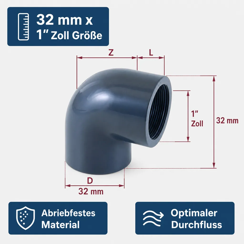 PVC Winkel 1 Zoll, 90 Grad, PVC-U, Winkel 32mm, Muffe, Rohrverbinder PVC