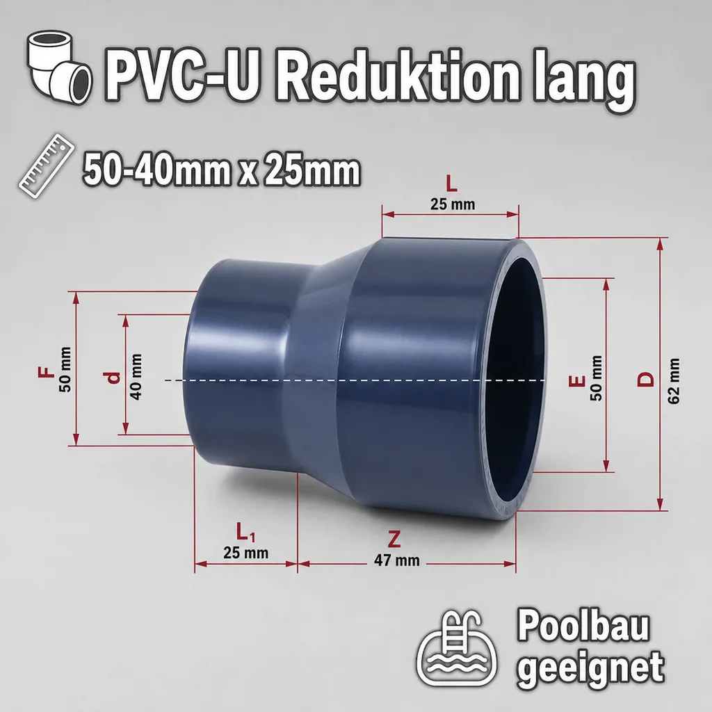 PVC - U Reduktion lang 50-40mm x 25 mm PN16