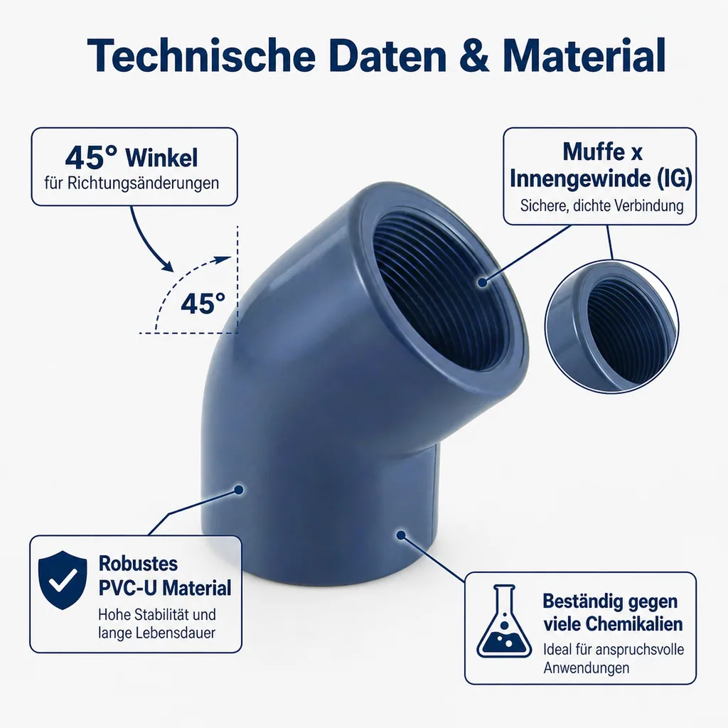PVC Winkel 45 Grad, PVC-U Winkel, Muffe 32 mm x 1", PN10