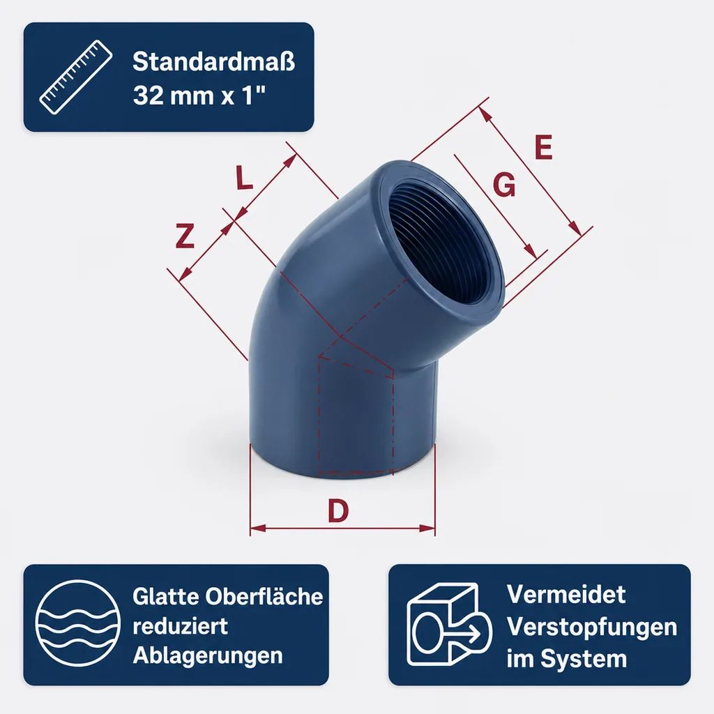 PVC Winkel 45 Grad, PVC-U Winkel, Muffe 32 mm x 1", PN10