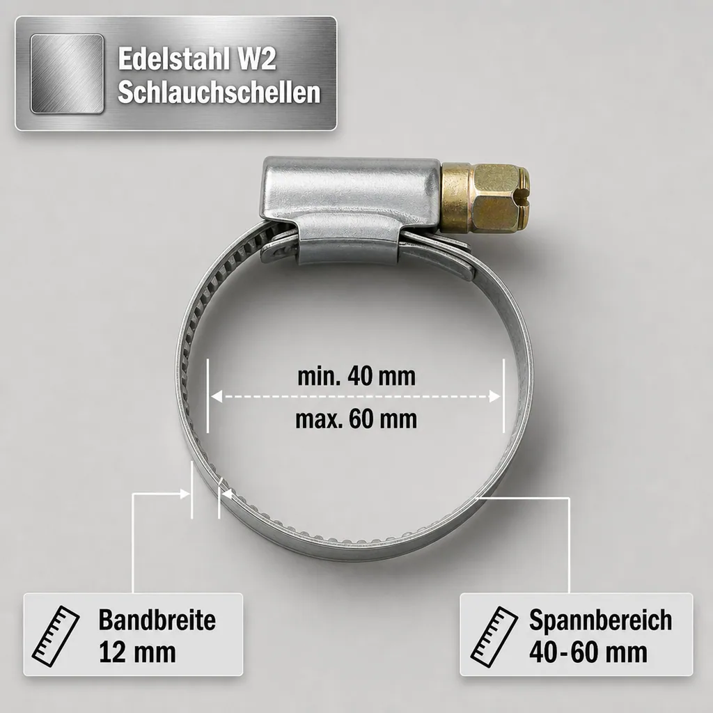 Edelstahl W2 Schlauchschellen 12 mm 40 - 60 mm