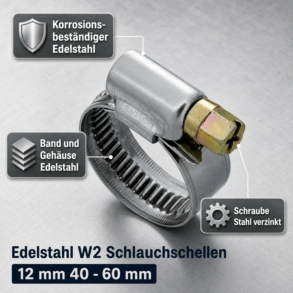 Edelstahl W2 Schlauchschellen 12 mm 40 - 60 mm