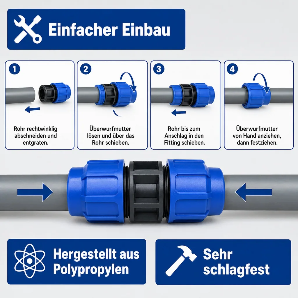 PP PE Rohr Verschraubung Kupplung reduziert 20 x 16
