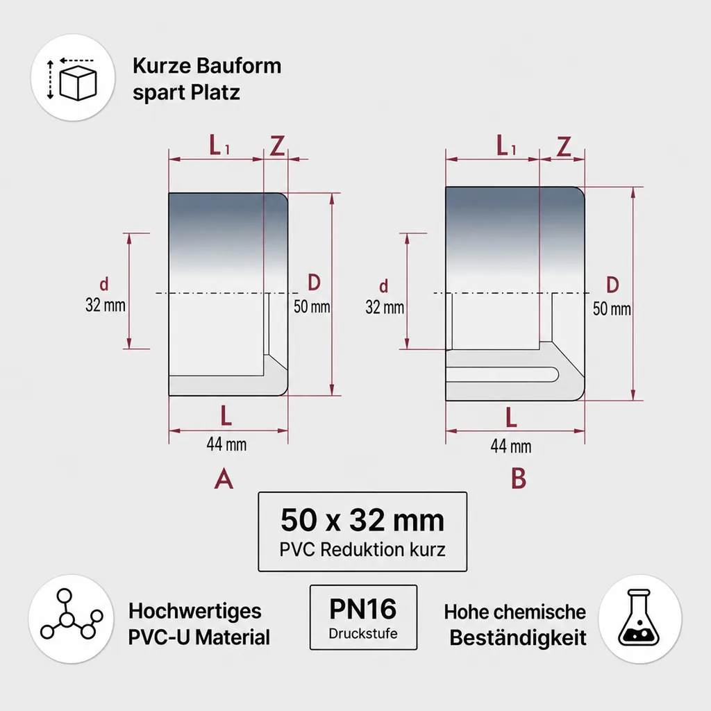 PVC Reduktion kurz 50x32 mm, PN16, PVC-U Fitting, Reduzierstück