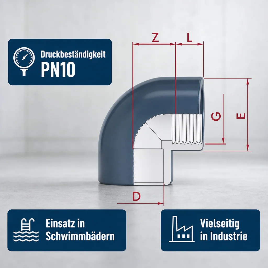 PVC Winkel 90 Grad, PVC-U Fitting, Muffe IG 25 mm x 3/4" PN10