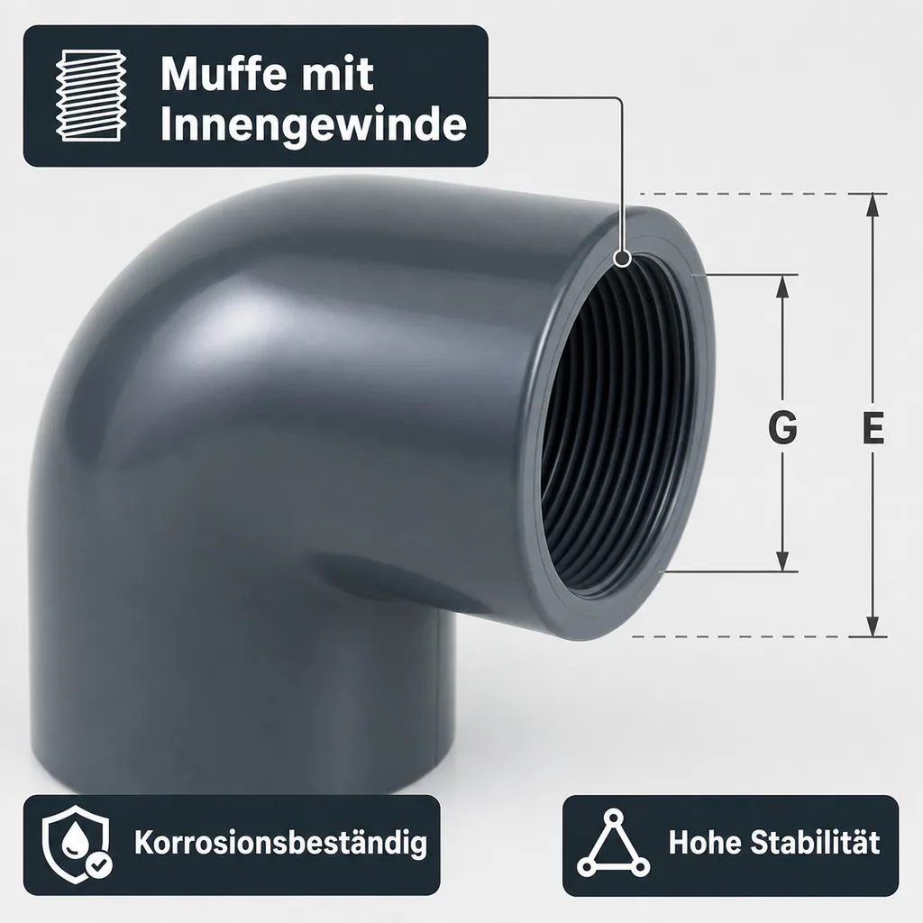 PVC Winkel 90 Grad, PVC-U Fitting, Muffe IG 25 mm x 3/4" PN10
