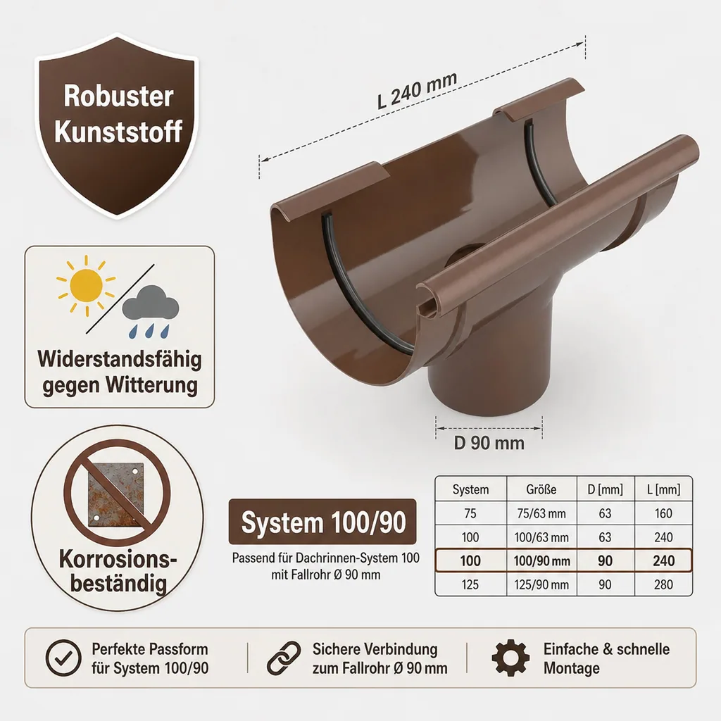 Regenrinne Stutzen braun, System 100/90, Dachrinne