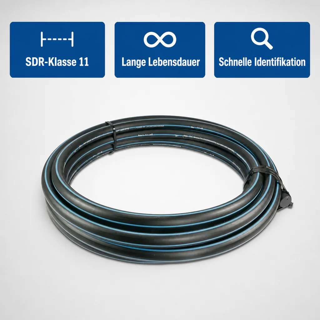 Wasserrohr, Druckrohr PE80 - 20 mm x 2,0 mm, Glatt SDR 11, 12,5bar, Schwarz/Blau 1m, DVGW type D=0,60m