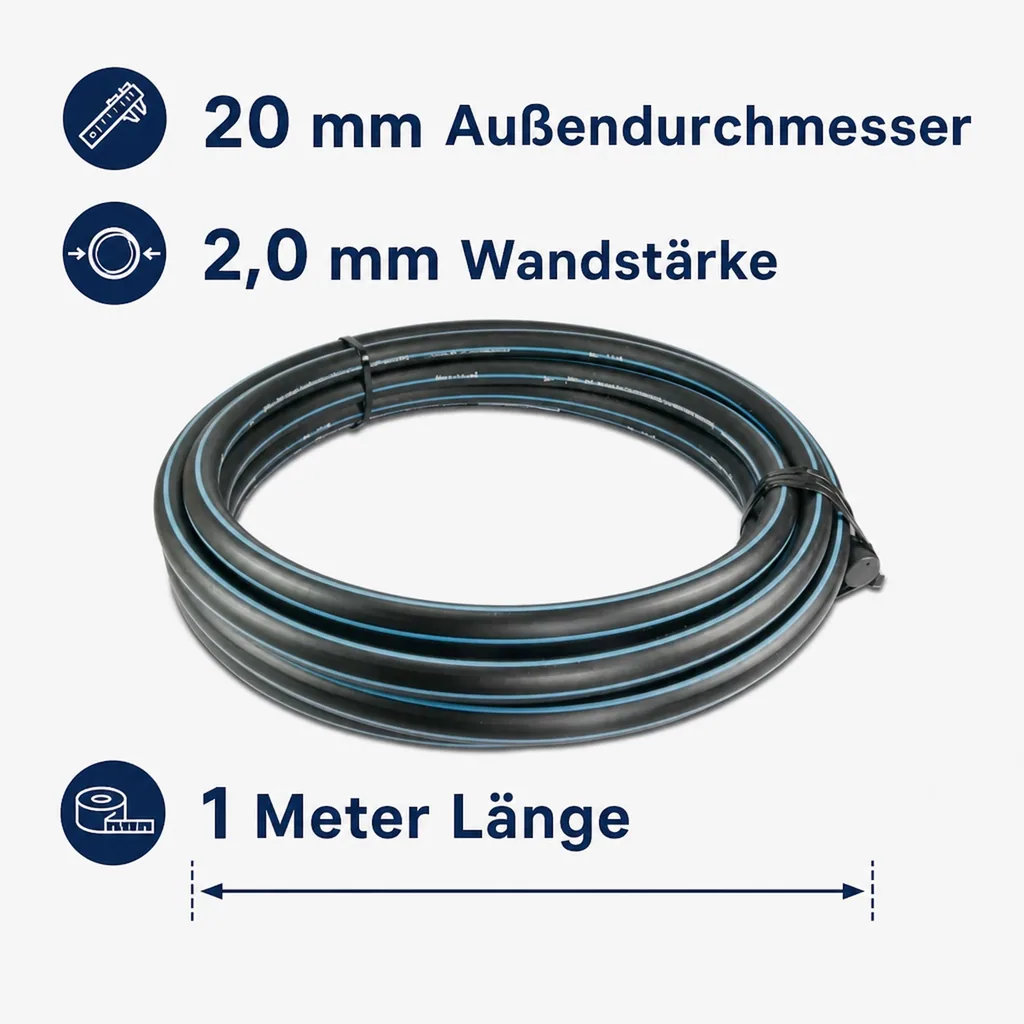 Wasserrohr, Druckrohr PE80 - 20 mm x 2,0 mm, Glatt SDR 11, 12,5bar, Schwarz/Blau 1m, DVGW type D=0,60m