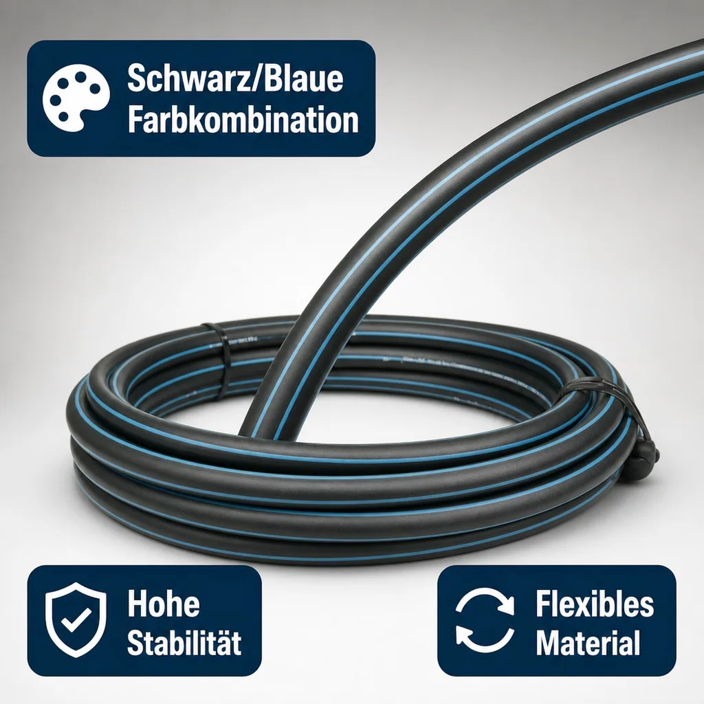 Wasserrohr, Druckrohr PE80 - 20 mm x 2,0 mm, Glatt SDR 11, 12,5bar, Schwarz/Blau 1m, DVGW type D=0,60m