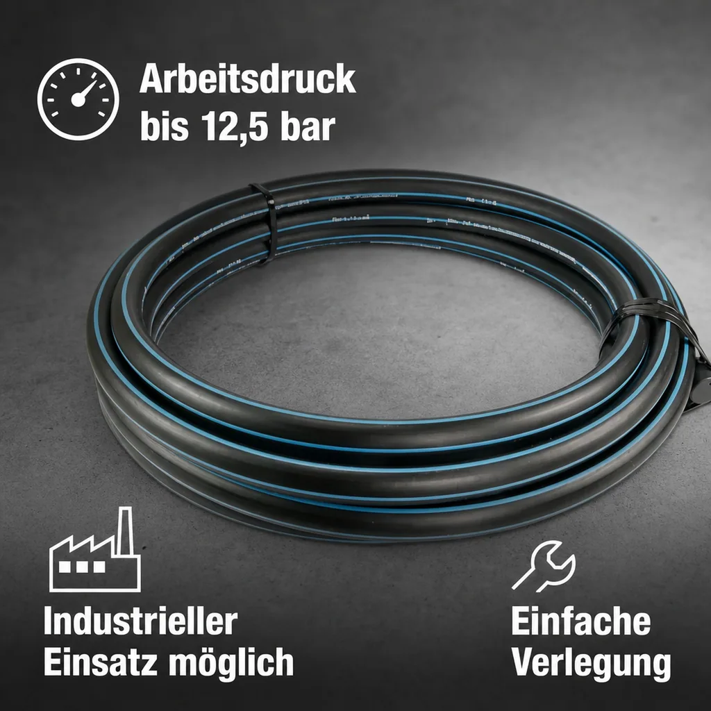 Wasserrohr, Druckrohr PE80 - 20 mm x 2,0 mm, Glatt SDR 11, 12,5bar, Schwarz/Blau 1m, DVGW type D=0,60m