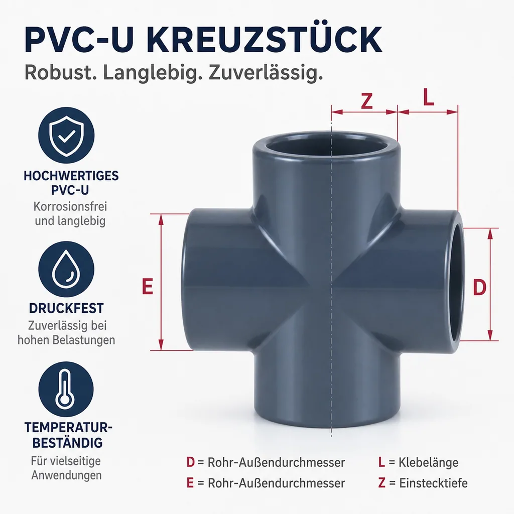 PVC Fittings, PVC Rohrverbinder, PVC-U Kreuz Muffe 25 mm PN16, Hart PVC Fitting