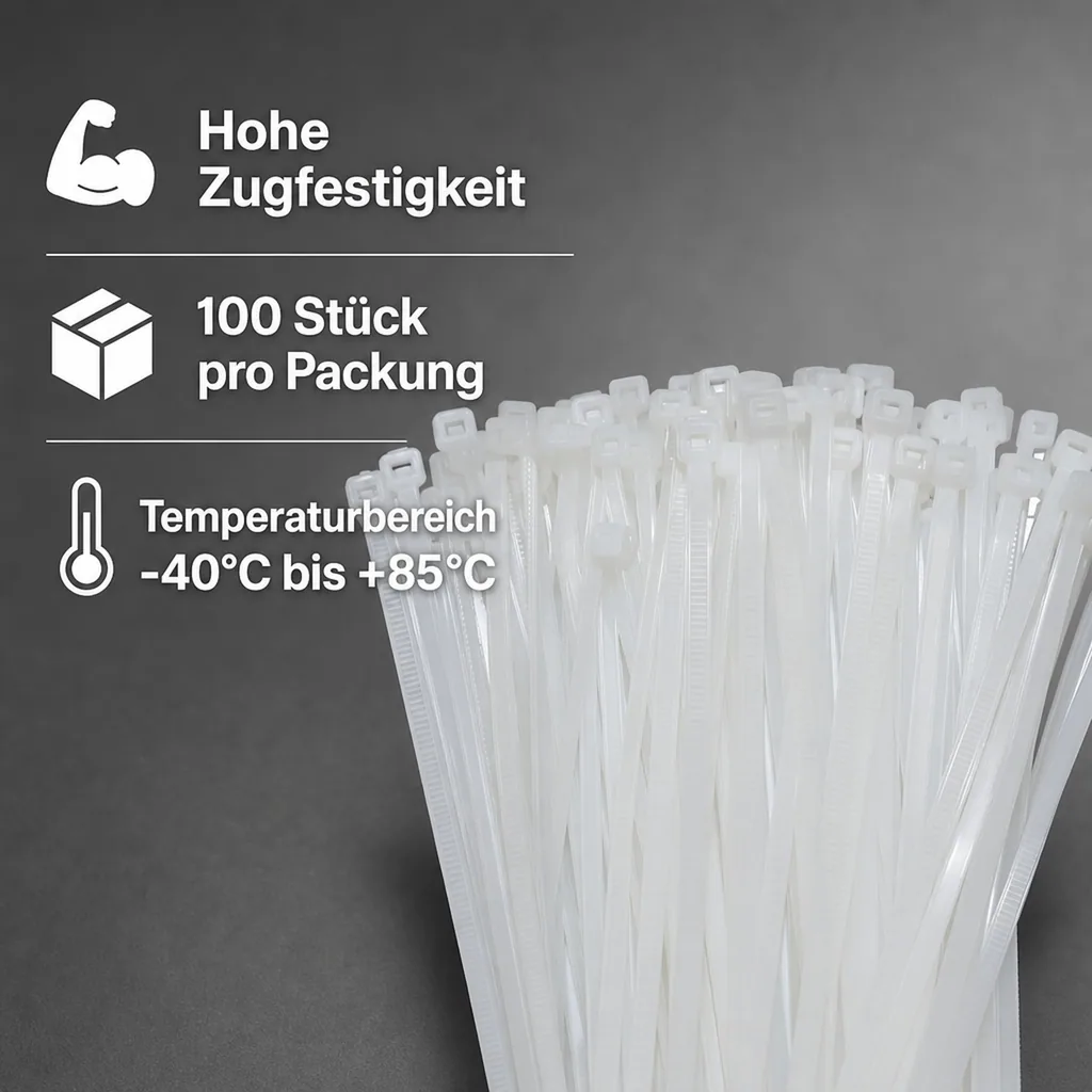 Kabelbinder 100 Stk. 300x7,6mm, Natur Weiß, PA6.6, Industrie Qualität