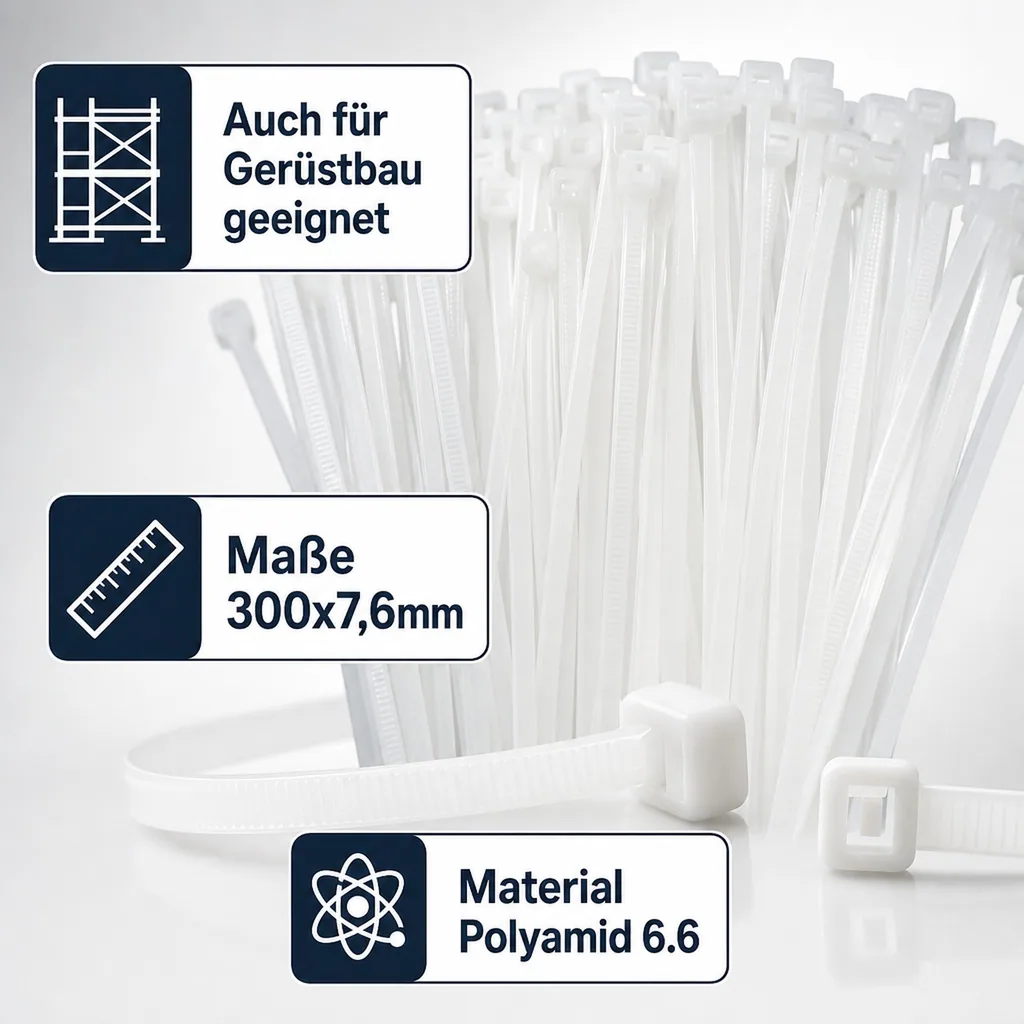 Kabelbinder 100 Stk. 300x7,6mm, Natur Weiß, PA6.6, Industrie Qualität