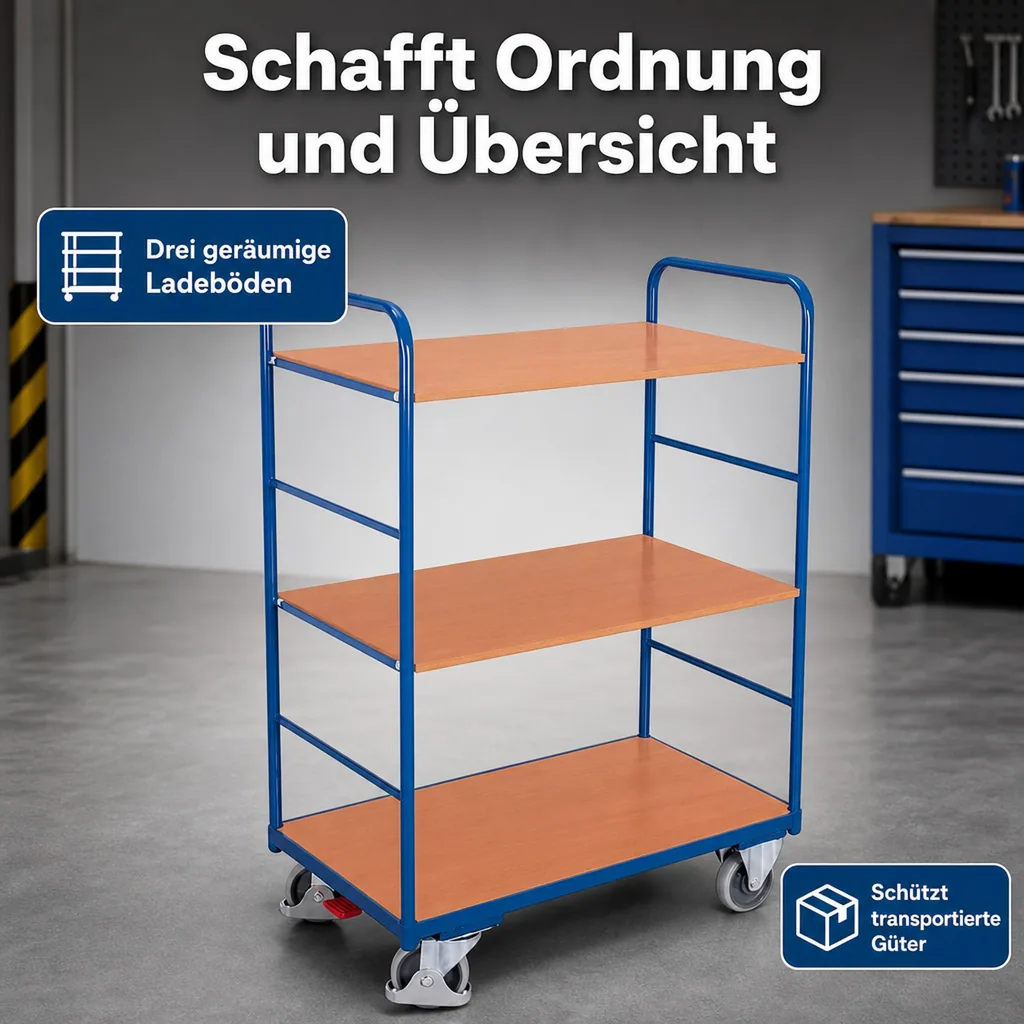 Werkstattwagen, Etagenwagen, 3 Böden, 250 kg Traglast, hoch, mit EasySTOP