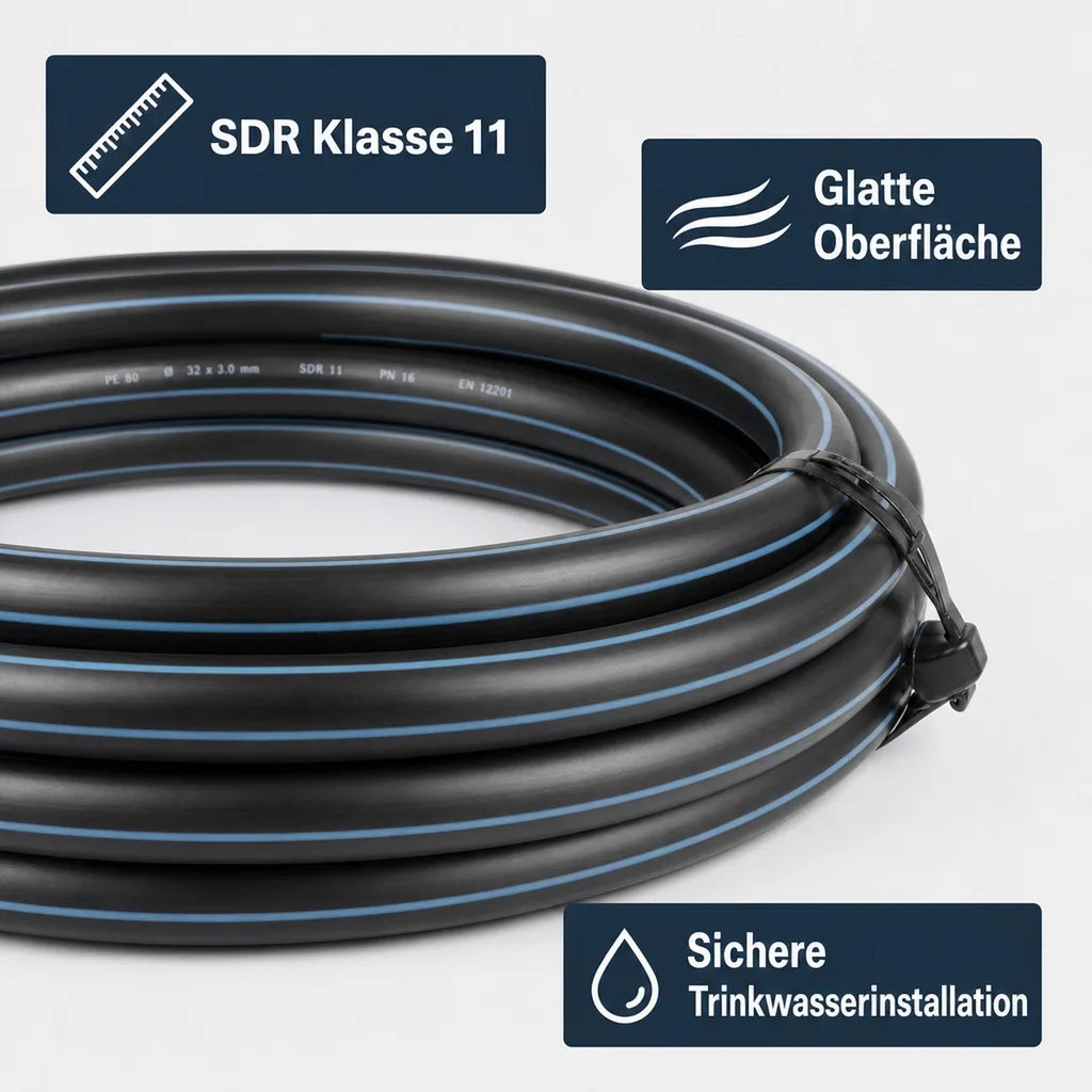 PE80 Rohr, 32mm Druckrohr, Wasserrohr, SDR 11, 12,5 bar, 1m, DVGW-Zertifiziert