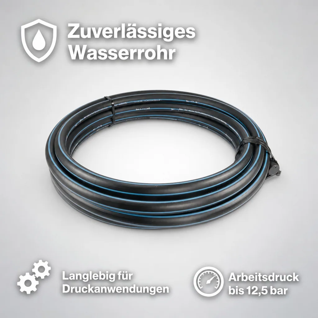 PE80 Rohr, 32mm Druckrohr, Wasserrohr, SDR 11, 12,5 bar, 1m, DVGW-Zertifiziert