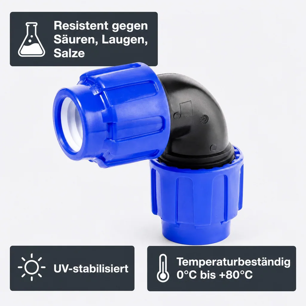 PE Rohr Verschraubung, 90° Winkel, 25mm, Klemmverbinder, Trinkwassergeeignet